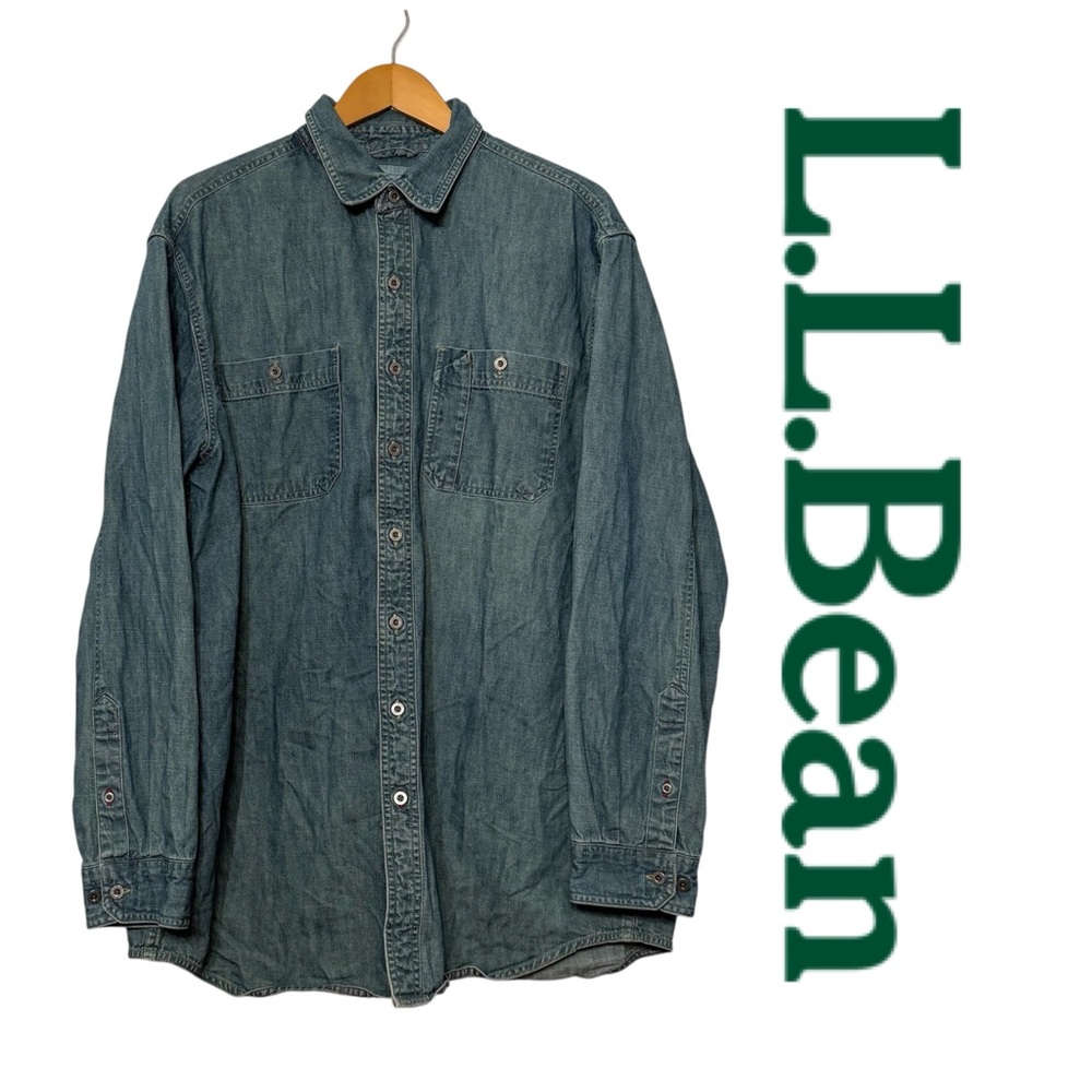 L.L. Bean Indigo Denim Shirt Workwear Utility Trucker Silver‎ Buttons Large Tall